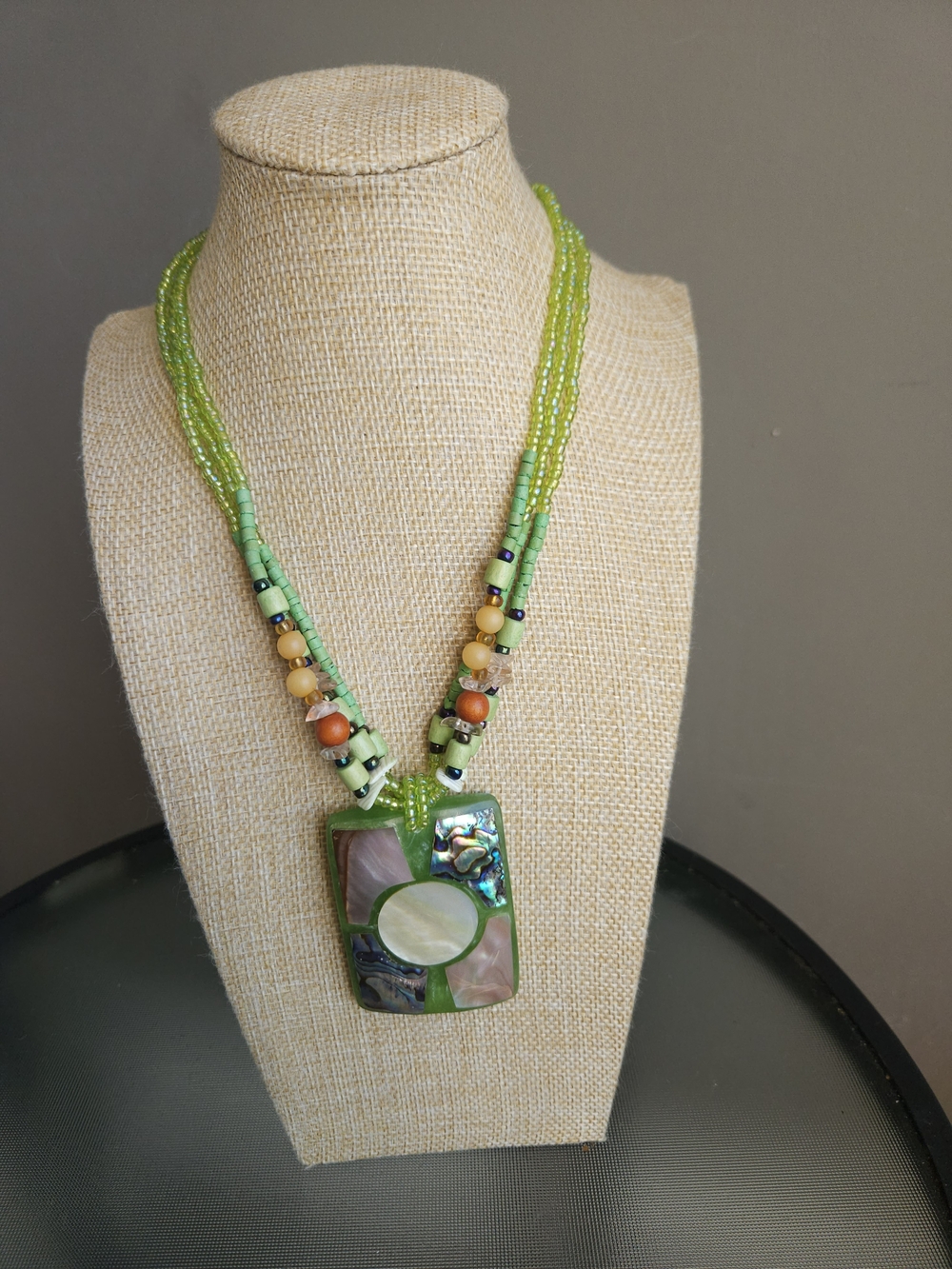 Green Beaded Pendant Necklace with Mother-of-Pearl Inlay - Women Jewelry
